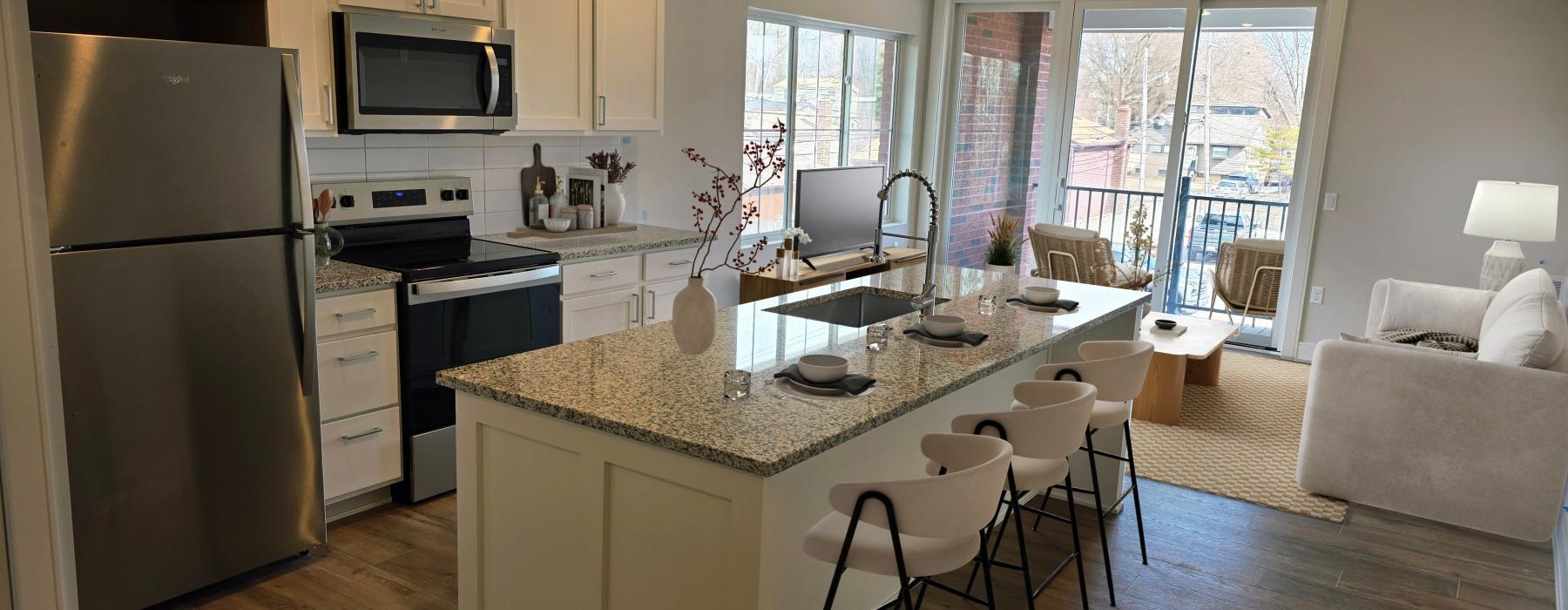 a kitchen with a large island