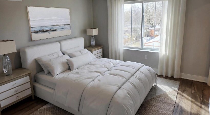 a bedroom with a large window